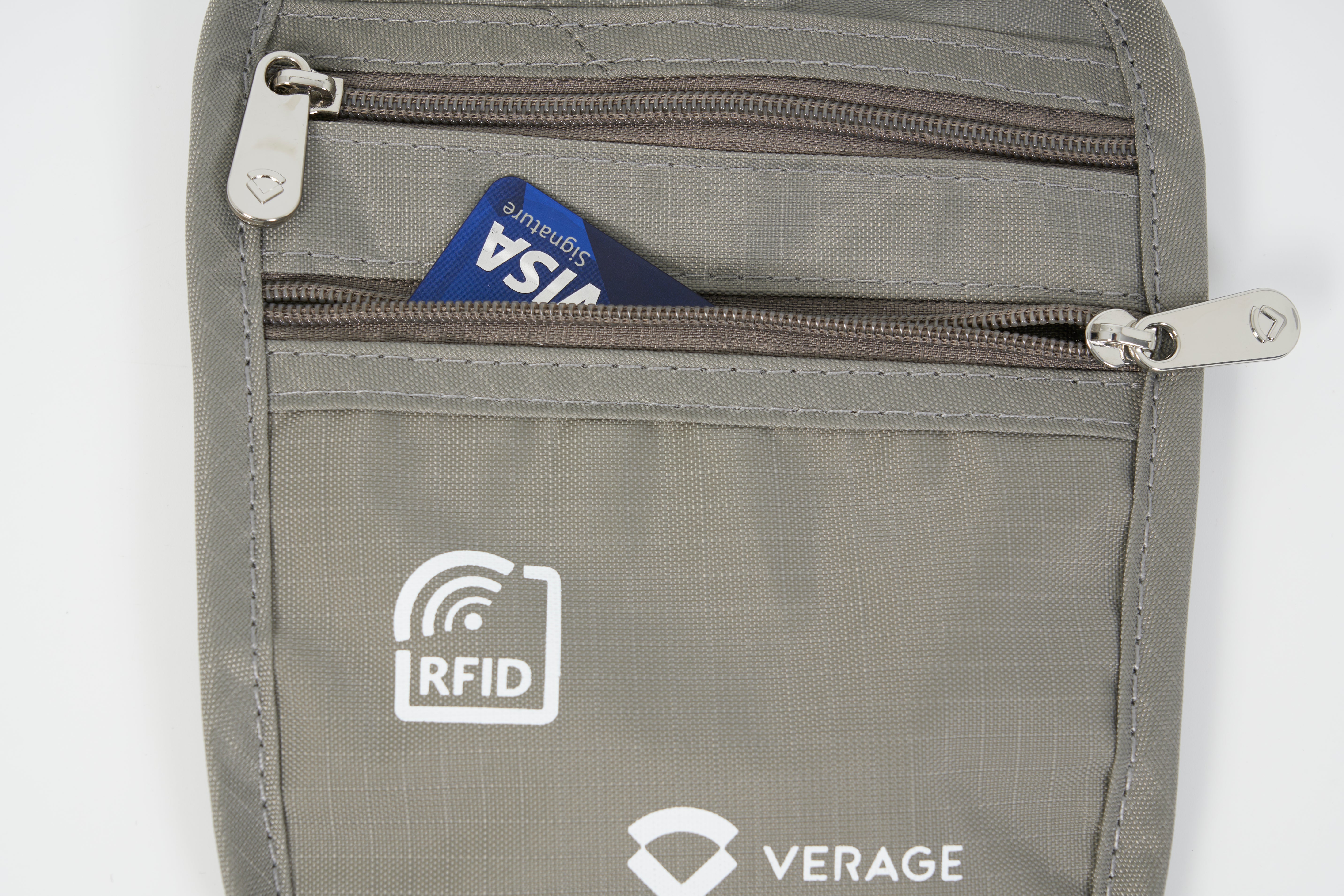 פאוץ' לנסיעות על הצוואר מבית VERAGE הכולל הגנת RFID בעל שני תאים הנסגרים ע"י רוכסנים