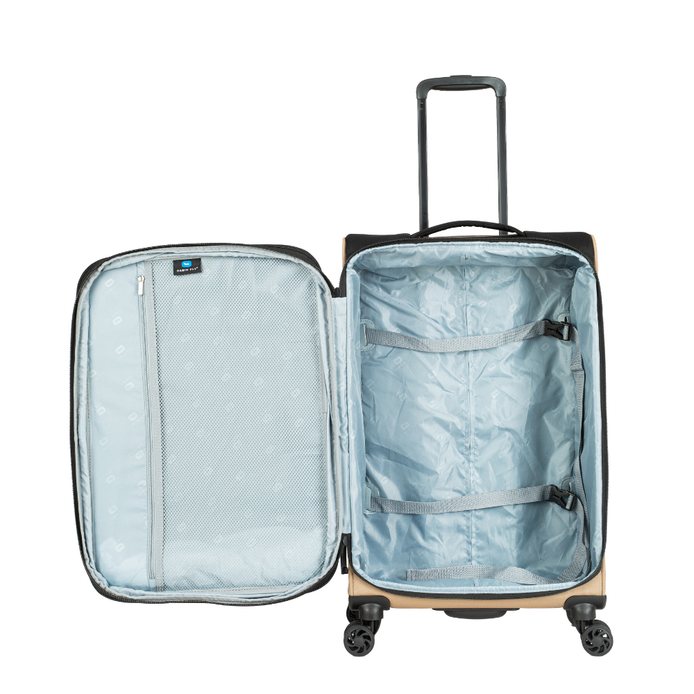 זוג מזוודות בד גדולה וטרולי עליה למטוס ״28 + ״20 מתרחבות אולטרא לייט מבית המותג ®CABIN FLY דגם SkyLite תא ראשי מרווח עם רצועות הידוק 