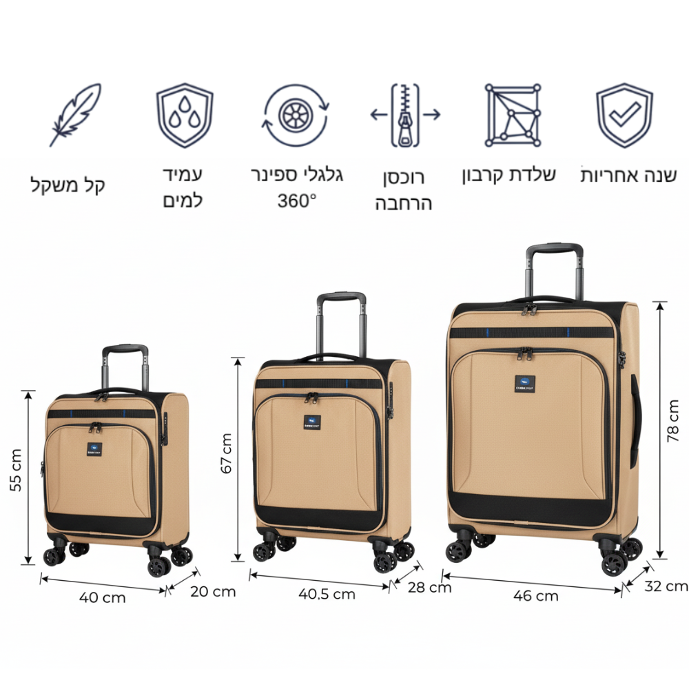 סט מזוודות בד מתרחבות אולטרא לייט ״28+״24+״20 מבית המותג ®CABIN FLY דגם SkyLite