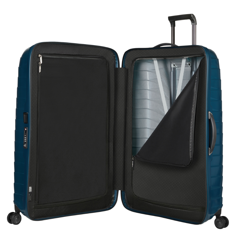 מזוודה גדולה קשיחה ״30 דגם Proxis Spinner 81cm מבית המותג Samsonite מזוודה פתוחה סידור פנימי 