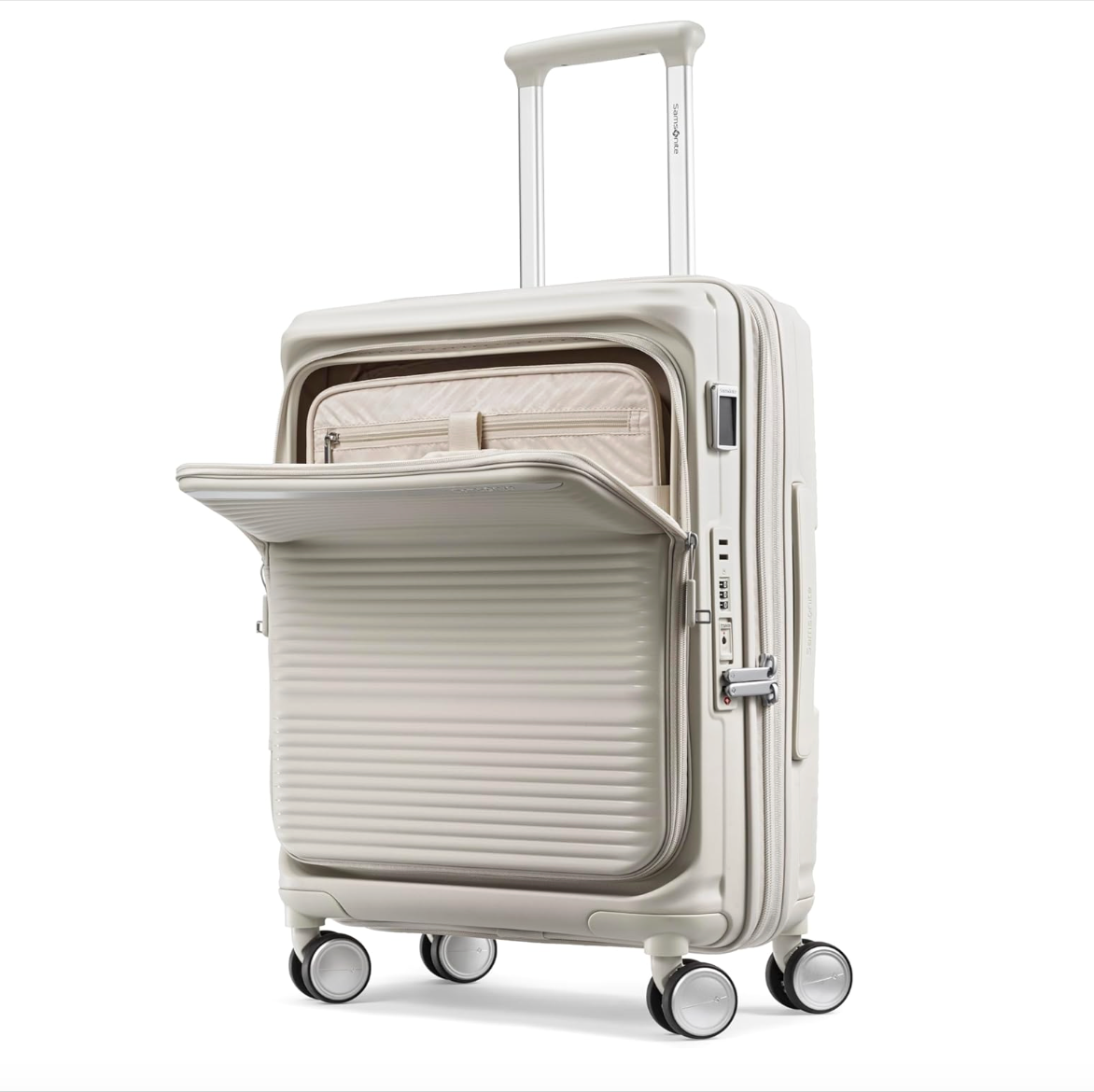 מזוודת טרולי עליה למטוס ״20 קשיחה ויוקרתית עם פתיחה כפולה ותא ייעודי ללפטופ דגם Paralux Carry-On Spinner מבית המותג העולמי Samsonite