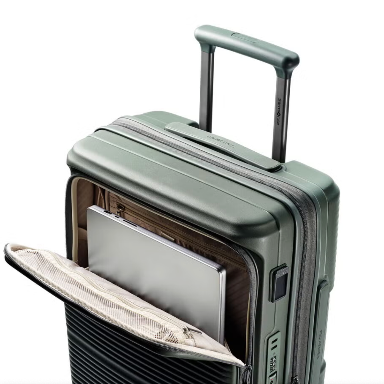 מזוודת טרולי עליה למטוס ״20 קשיחה ויוקרתית עם פתיחה כפולה ותא ייעודי ללפטופ דגם Paralux Carry-On Spinner מבית המותג העולמי Samsonite