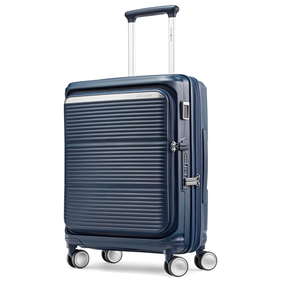 מזוודת טרולי עליה למטוס ״20 קשיחה ויוקרתית עם פתיחה כפולה ותא ייעודי ללפטופ דגם Paralux Carry-On Spinner מבית המותג העולמי Samsonite