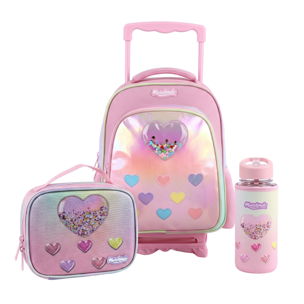סט תיק גן עם טרולי מובנה 5 ב 1 דגם לב שקוף מסדרת Dreamland Trolly set מבית Marshmelo