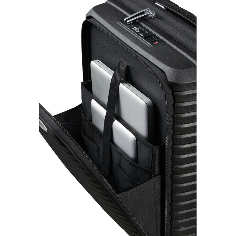 מזוודת טרולי עליה למטוס ״20 קשיחה מתרחבת עם תא קדמי ללפטופ דגם Upscape Easy Access 55cm מבית המותג Samsonite