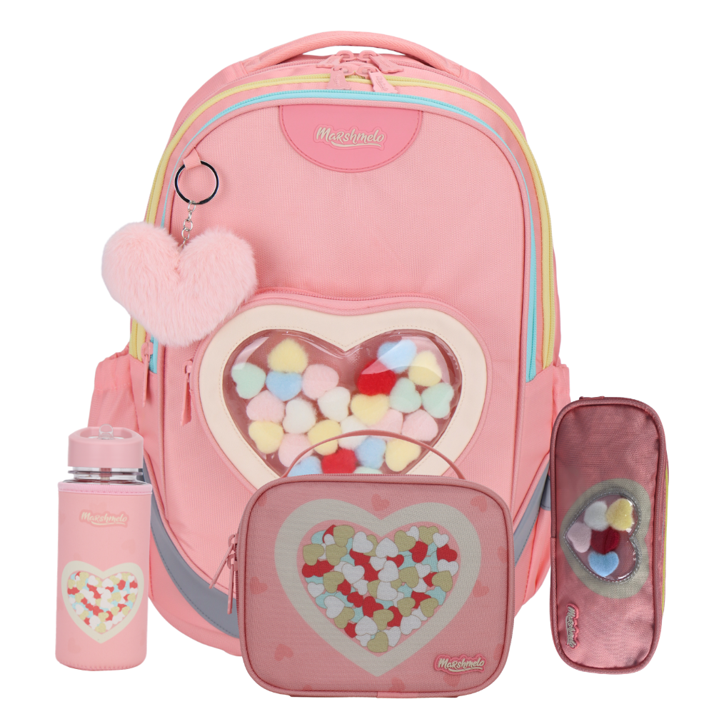 סט 9 ב 1 תיק בית ספר כולל עגלת טרולי דגם לב שקוף Dramland Deluxe מבית Marshmelo