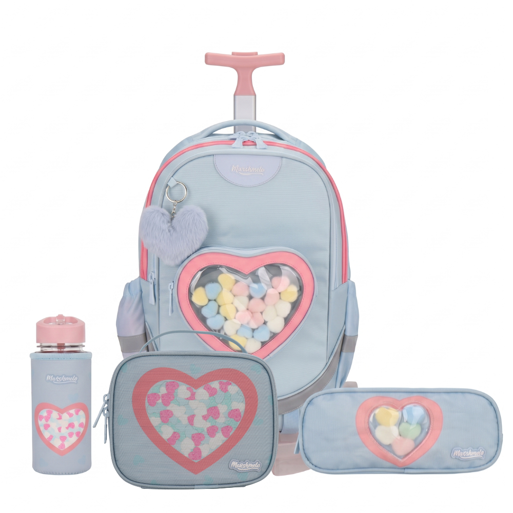 סט 9 ב 1 תיק בית ספר כולל עגלת טרולי דגם לב שקוף Dramland Deluxe מבית Marshmelo