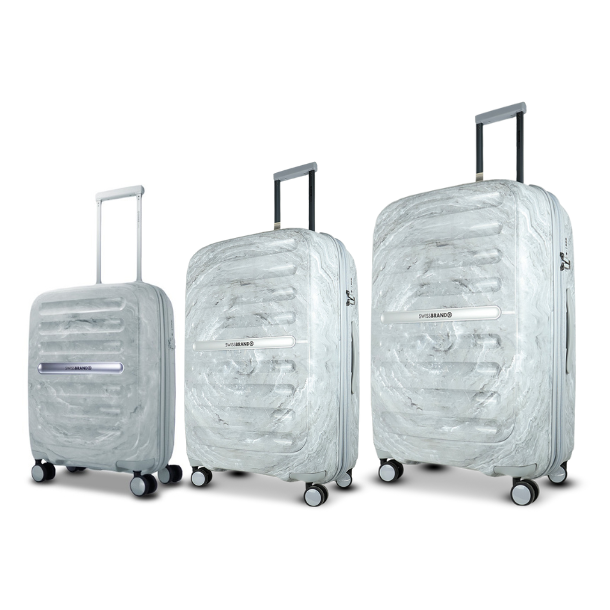 סט מזוודות קשיחות בעיצוב מיוחד דגם Marble מבית המותג השוויצרי SwissBrand