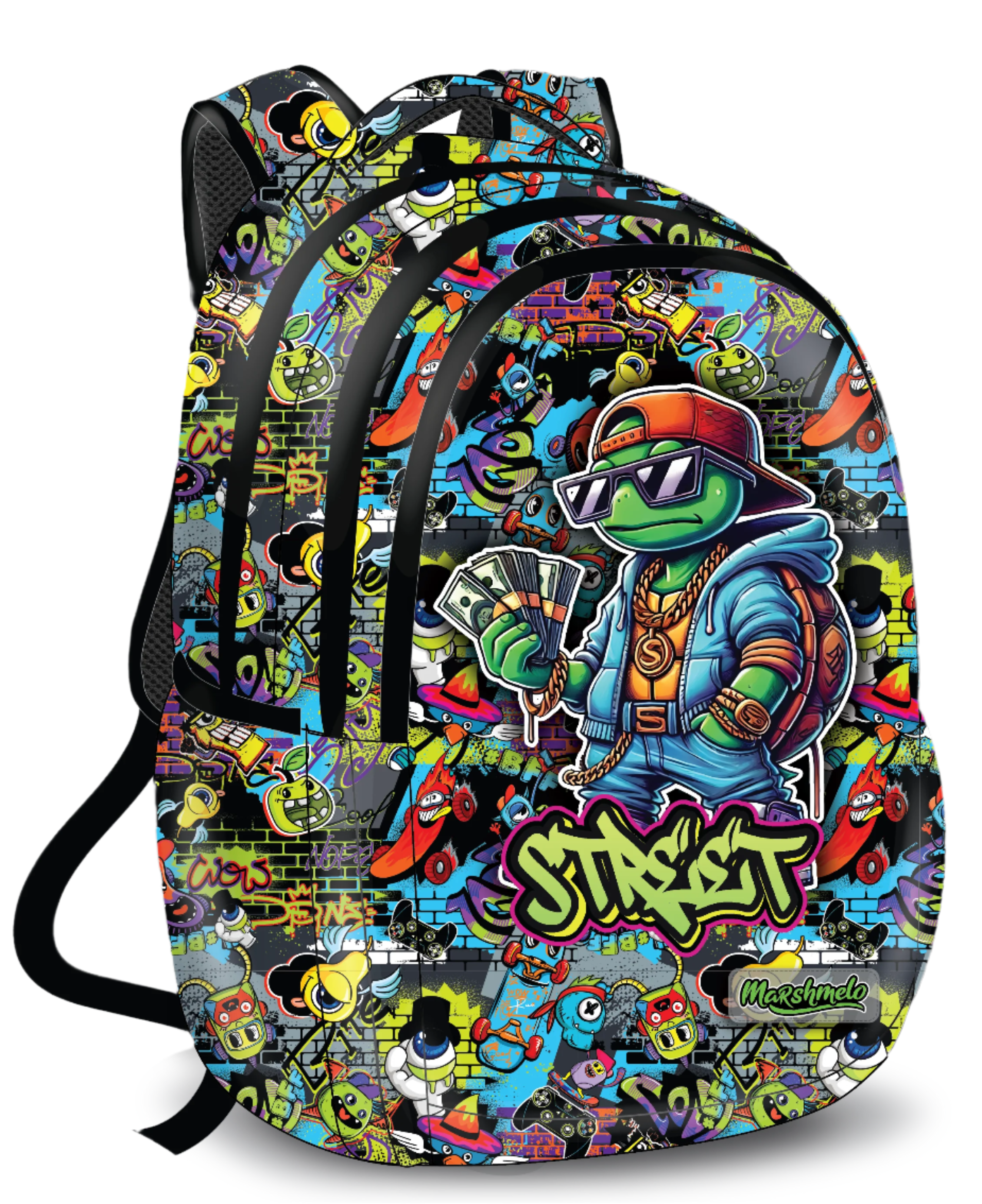 תיק גב לבית ספר עם הדפס גרפיטי דגם Street Turtle מבית המותג MARSHMELO