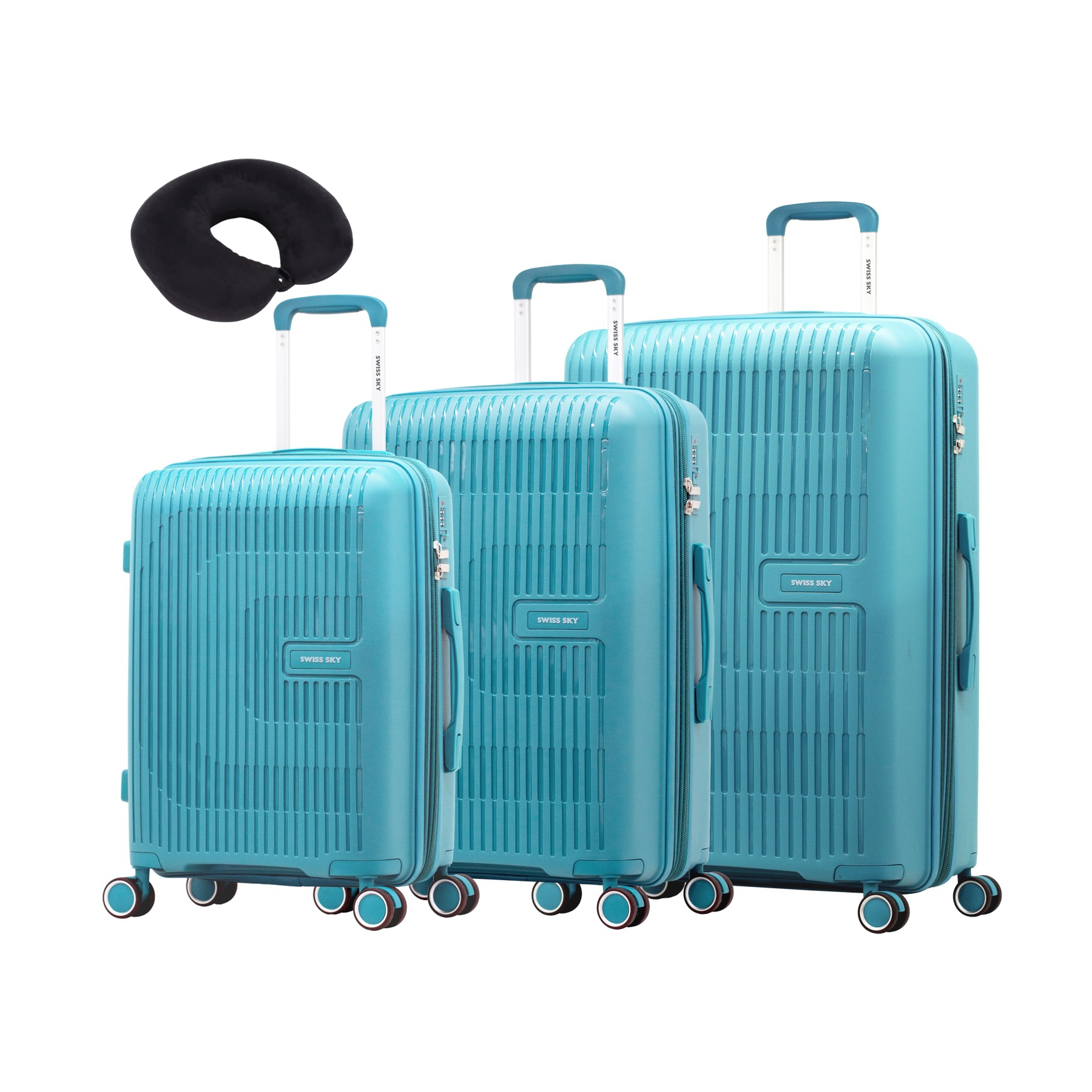 SWISS SKY סט 3 מזוודות קשיחות בלתי שבירות PP דגם VOYAGER כולל כרית טיסה מתנה מבית המותג היוקרתי